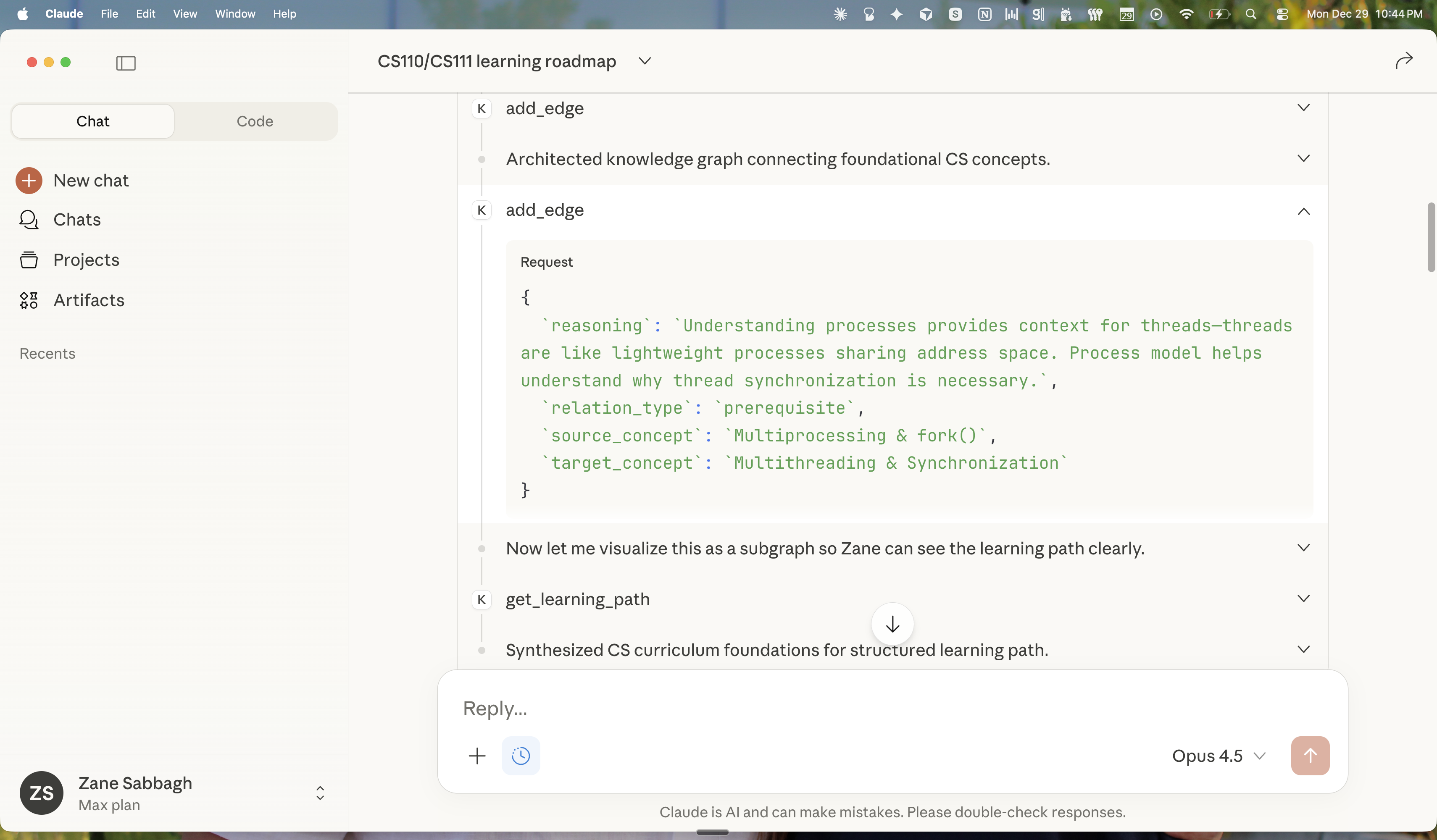 Knowledge Graph MCP Server running in Claude Desktop, showing learning path generation for CS curriculum