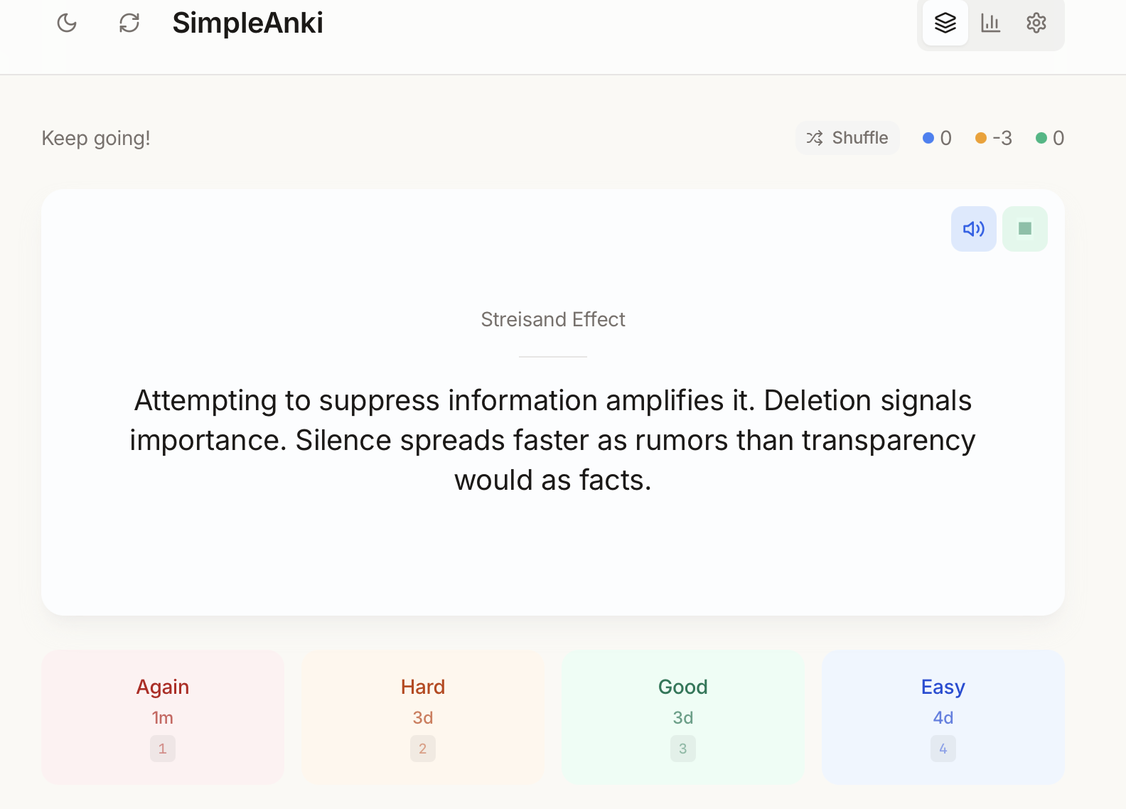 SimpleAnki review interface showing a flashcard with spaced repetition buttons
